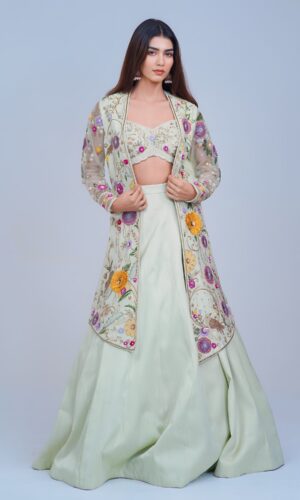 Graceful Indo Western Lehenga with Handcrafted Resham Embroidery and Cape Elegance