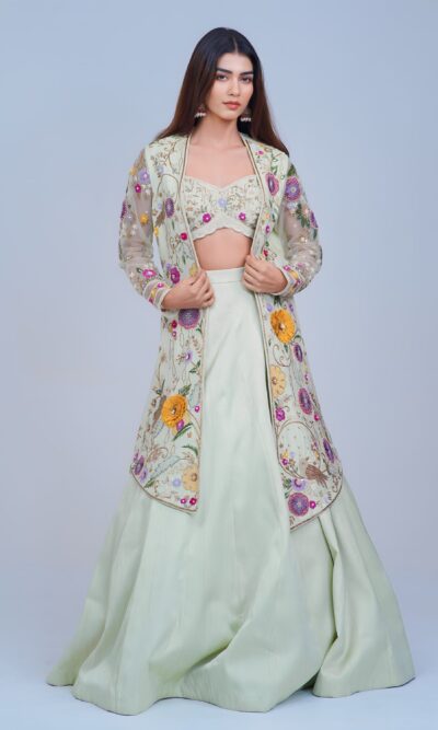 Graceful Indo Western Lehenga with Handcrafted Resham Embroidery and Cape Elegance