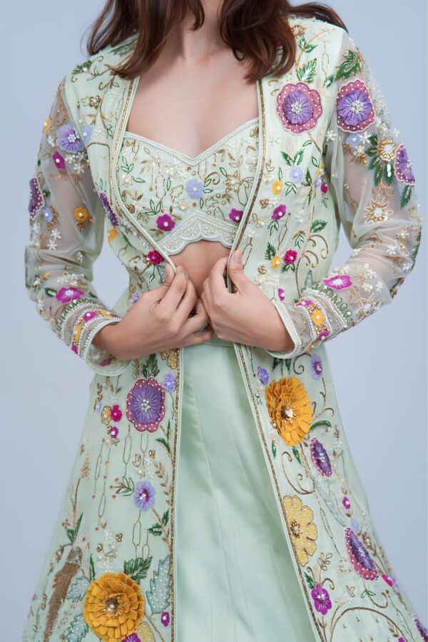 Graceful Indo Western Lehenga with Handcrafted Resham Embroidery and Cape Elegance