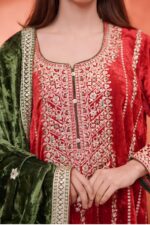 Velvet Romance Red Suit With Mehandi Odhni And Flowy Plazo