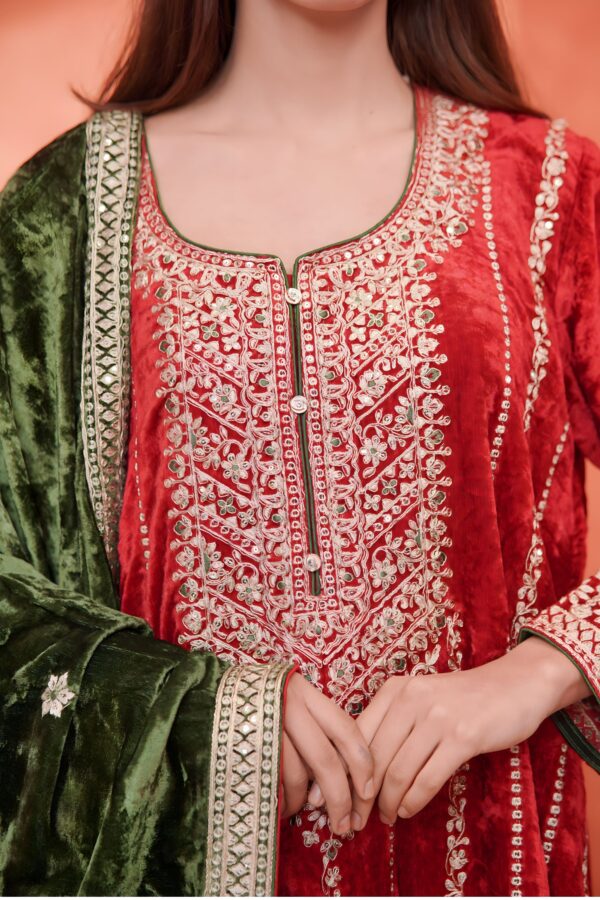 Velvet Romance Red Suit With Mehandi Odhni And Flowy Plazo