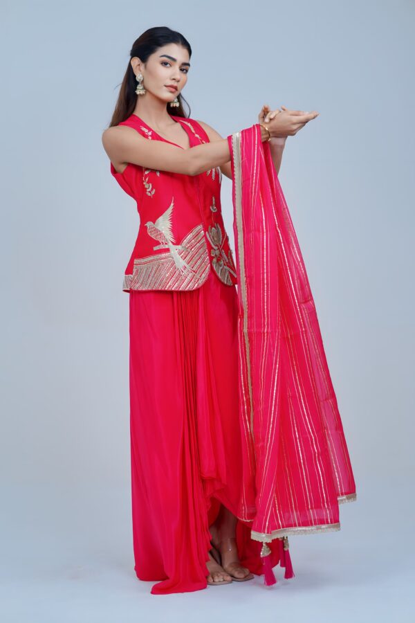 Radiant Indo Western Elegance in Fluorescent Hues with Sequin Detailing and Graceful Dupatta