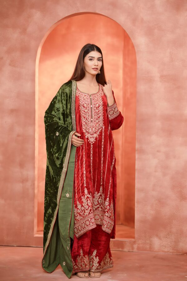 Velvet Romance Red Suit With Mehandi Odhni And Flowy Plazo