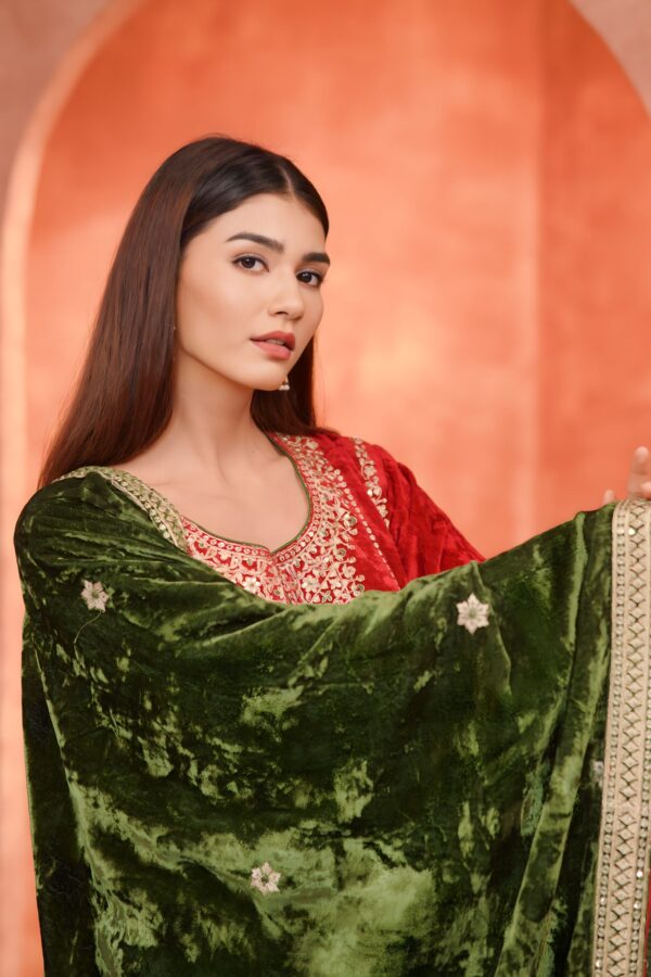 Velvet Romance Red Suit With Mehandi Odhni And Flowy Plazo