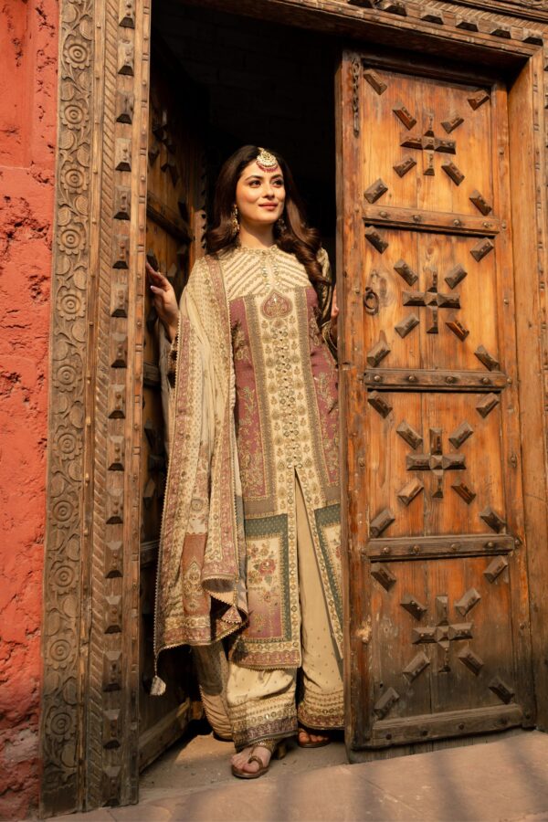Elegant Cream Beige Pakistani Suit with Sleek Digital Prints Golden Highlights & Odhani  Dupatta