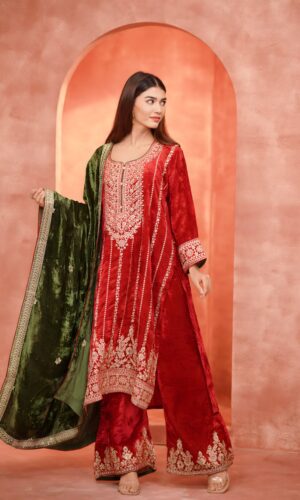 Velvet Romance Red Suit With Mehandi Odhni And Flowy Plazo