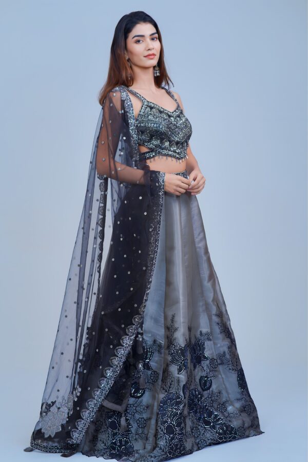 Smoky Grey Lehenga with Black Floral Embroidery and Shimmer