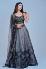Smoky Grey Lehenga with Black Floral Embroidery and Shimmer