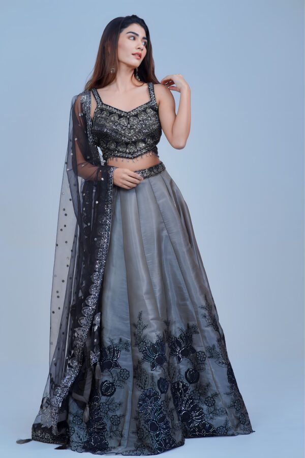 Smoky Grey Lehenga with Black Floral Embroidery and Shimmer