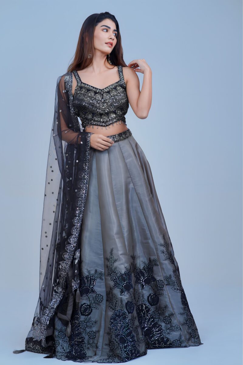 Smoky Grey Lehenga with Black Floral Embroidery and Shimmer