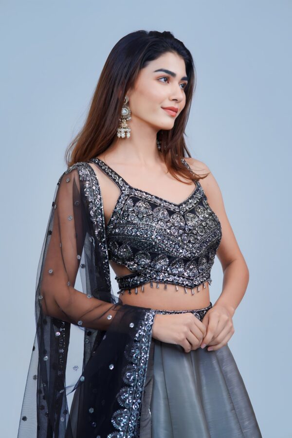 Smoky Grey Lehenga with Black Floral Embroidery and Shimmer