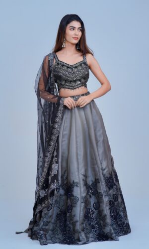Smoky Grey Lehenga with Black Floral Embroidery and Shimmer