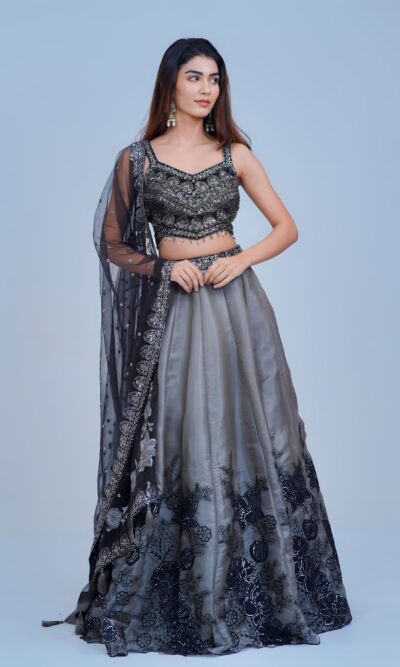 Smoky Grey Lehenga with Black Floral Embroidery and Shimmer