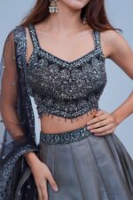 Smoky Grey Lehenga with Black Floral Embroidery and Shimmer