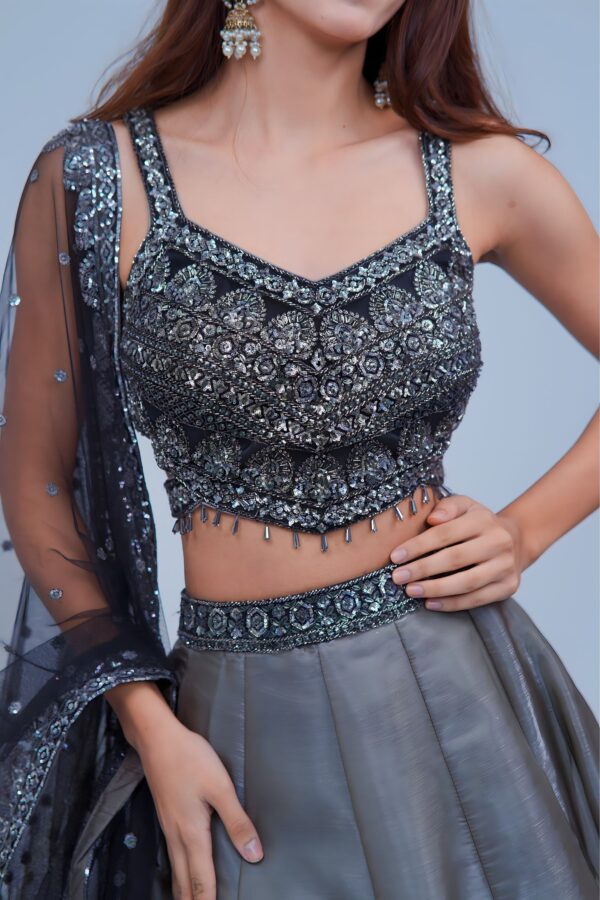 Smoky Grey Lehenga with Black Floral Embroidery and Shimmer