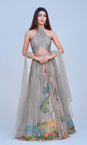Nature Inspired Indo Western Lehenga with Shimmery Halter Blouse