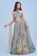 Nature Inspired Indo Western Lehenga with Shimmery Halter Blouse