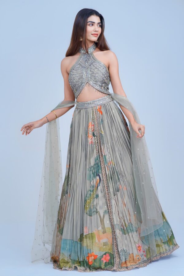 Nature Inspired Indo Western Lehenga with Shimmery Halter Blouse