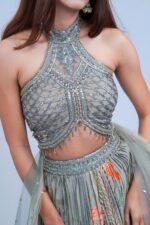 Nature Inspired Indo Western Lehenga with Shimmery Halter Blouse