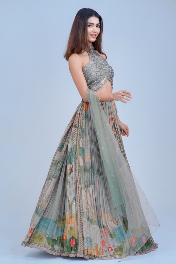 Nature Inspired Indo Western Lehenga with Shimmery Halter Blouse