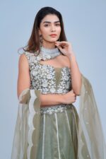 Elegant Olive Green Floral Lehenga with Asymmetric Neckline