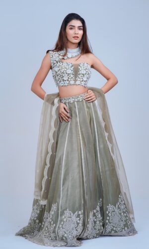 Elegant Olive Green Floral Lehenga with Asymmetric Neckline