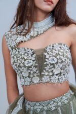 Elegant Olive Green Floral Lehenga with Asymmetric Neckline
