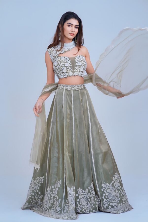 Elegant Olive Green Floral Lehenga with Asymmetric Neckline