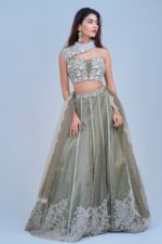 Elegant Olive Green Floral Lehenga with Asymmetric Neckline