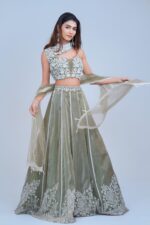 Elegant Olive Green Floral Lehenga with Asymmetric Neckline
