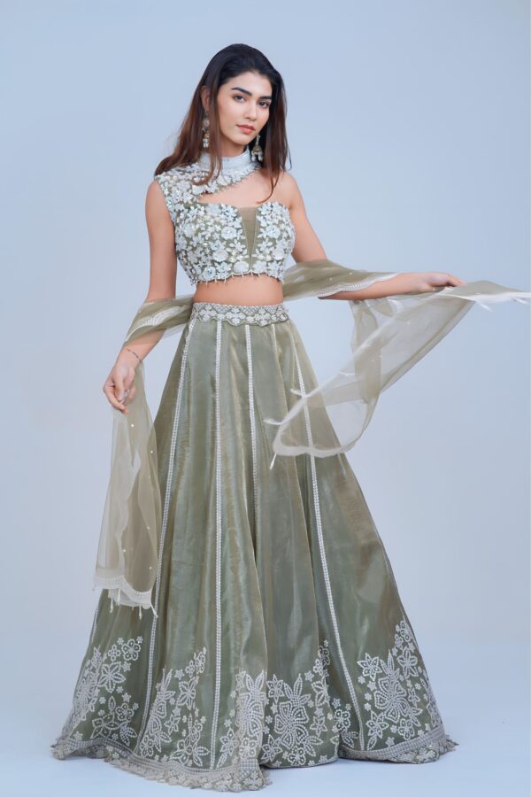 Elegant Olive Green Floral Lehenga with Asymmetric Neckline