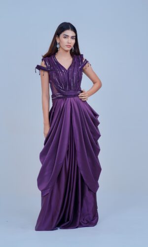 Regal Violet Draped IndoWestern with Sequin Accents