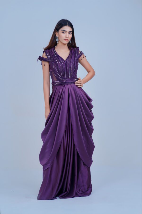 Regal Violet Draped IndoWestern with Sequin Accents