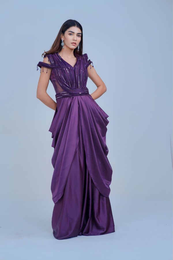 Regal Violet Draped IndoWestern with Sequin Accents