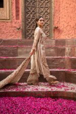 Cream Pakistani Long Plazo Suit with Digital Prints and Golden Highlites
