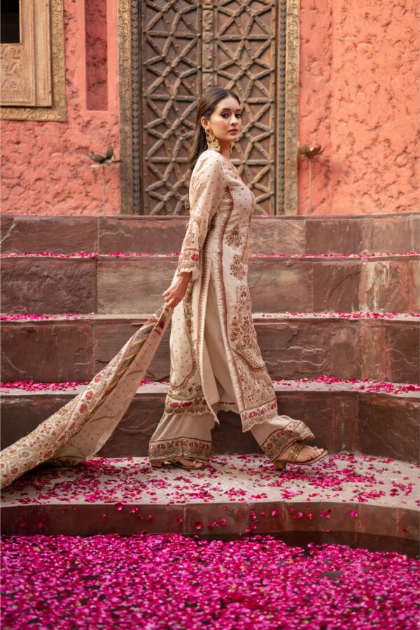 Cream Pakistani Long Plazo Suit with Digital Prints and Golden Highlites