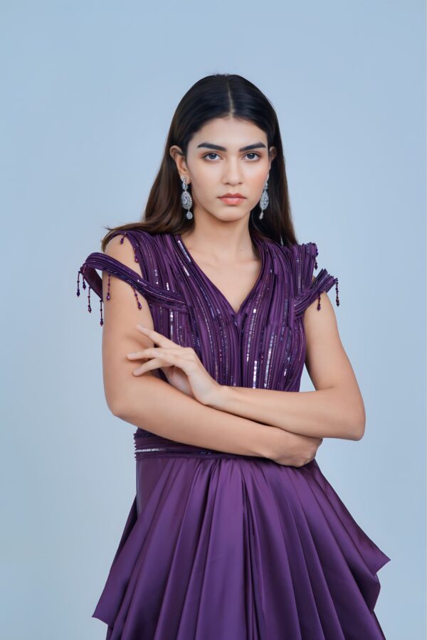 Regal Violet Draped IndoWestern with Sequin Accents