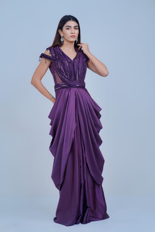 Regal Violet Draped IndoWestern with Sequin Accents