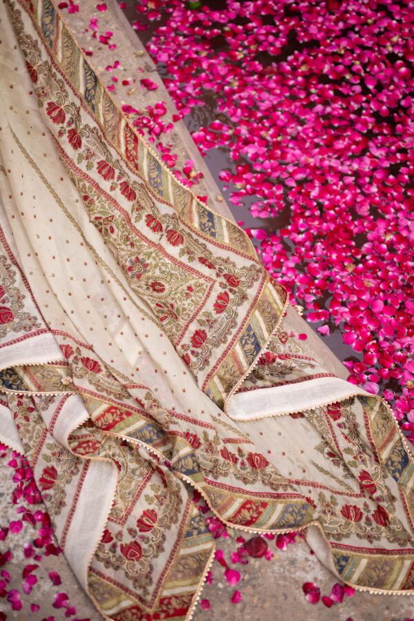 Cream Pakistani Long Plazo Suit with Digital Prints and Golden Highlites