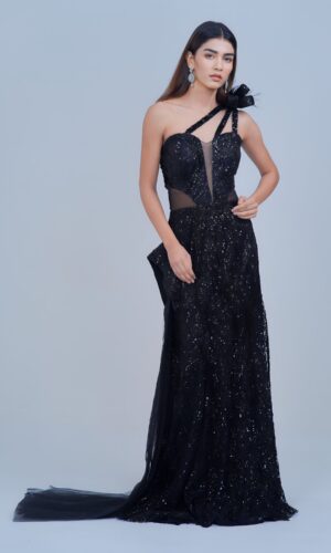Jet Black Sequin Gown with 3D Floral Accent