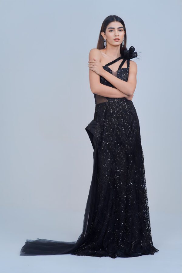Jet Black Sequin Gown with 3D Floral Accent