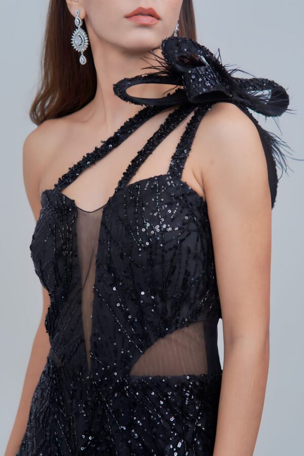 Jet Black Sequin Gown with 3D Floral Accent