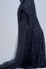 Jet Black Sequin Gown with 3D Floral Accent