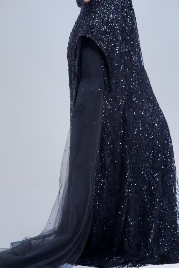 Jet Black Sequin Gown with 3D Floral Accent