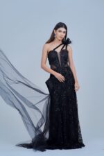 Jet Black Sequin Gown with 3D Floral Accent