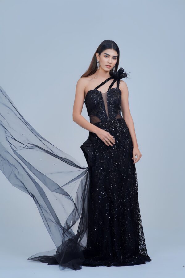 Jet Black Sequin Gown with 3D Floral Accent