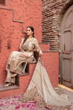 Cream Pakistani Long Plazo Suit with Digital Prints and Golden Highlites