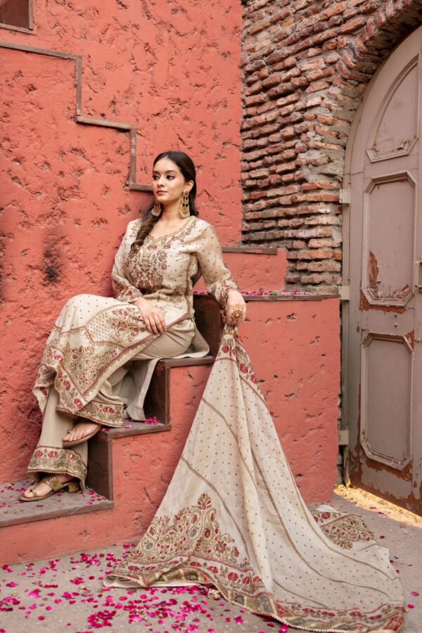 Cream Pakistani Long Plazo Suit with Digital Prints and Golden Highlites
