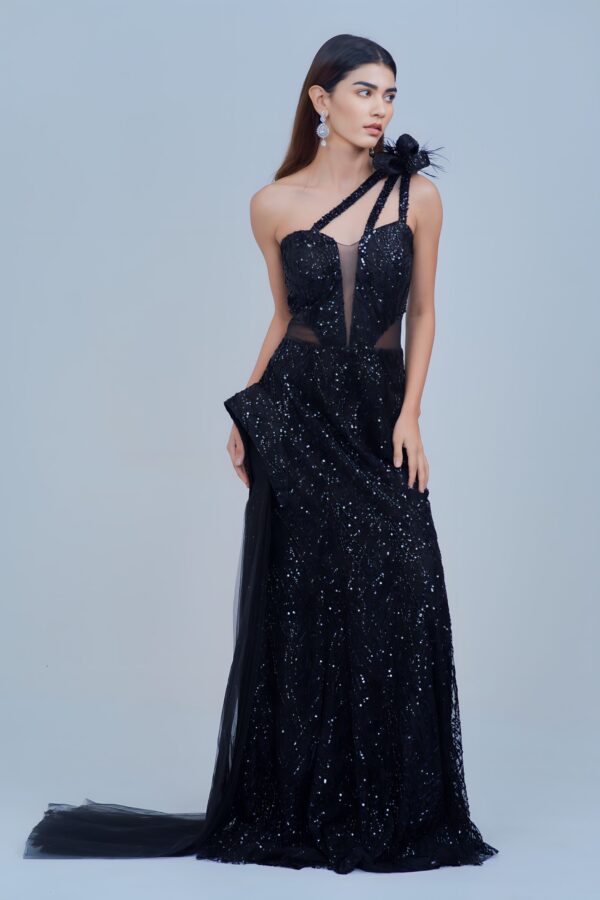 Jet Black Sequin Gown with 3D Floral Accent