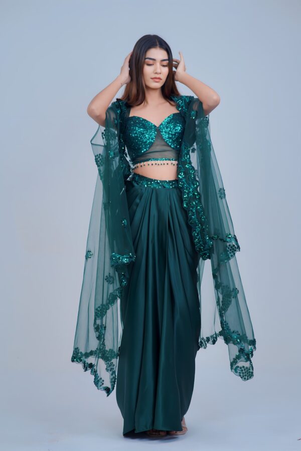 Stunning Bottle Green Indo Western Skirt Set with Sleek Sequin Cape